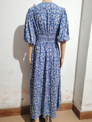 V - neck lantern sleeve waist dress for seaside vacation Bohemian beach dress - Negative Apparel