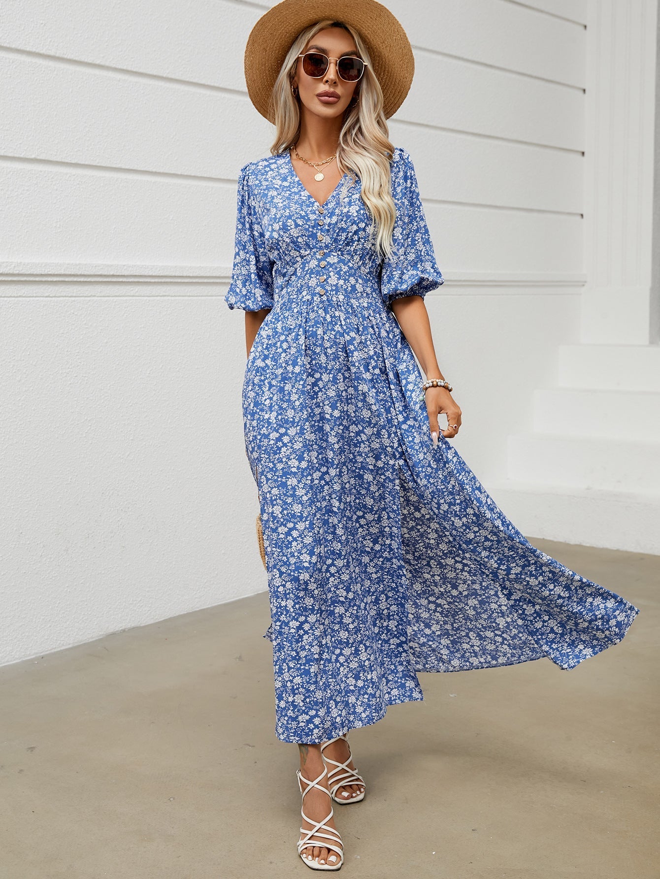 V - neck lantern sleeve waist dress for seaside vacation Bohemian beach dress - Negative Apparel
