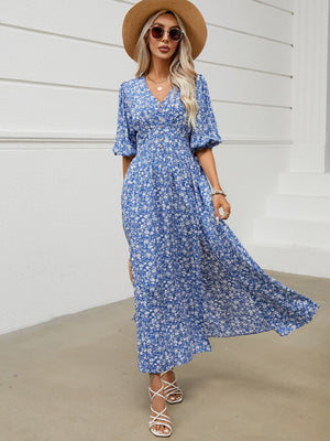 V - neck lantern sleeve waist dress for seaside vacation Bohemian beach dress - Negative Apparel