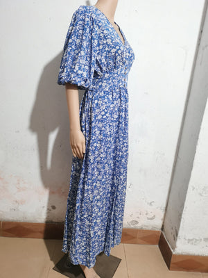V - neck lantern sleeve waist dress for seaside vacation Bohemian beach dress - Negative Apparel