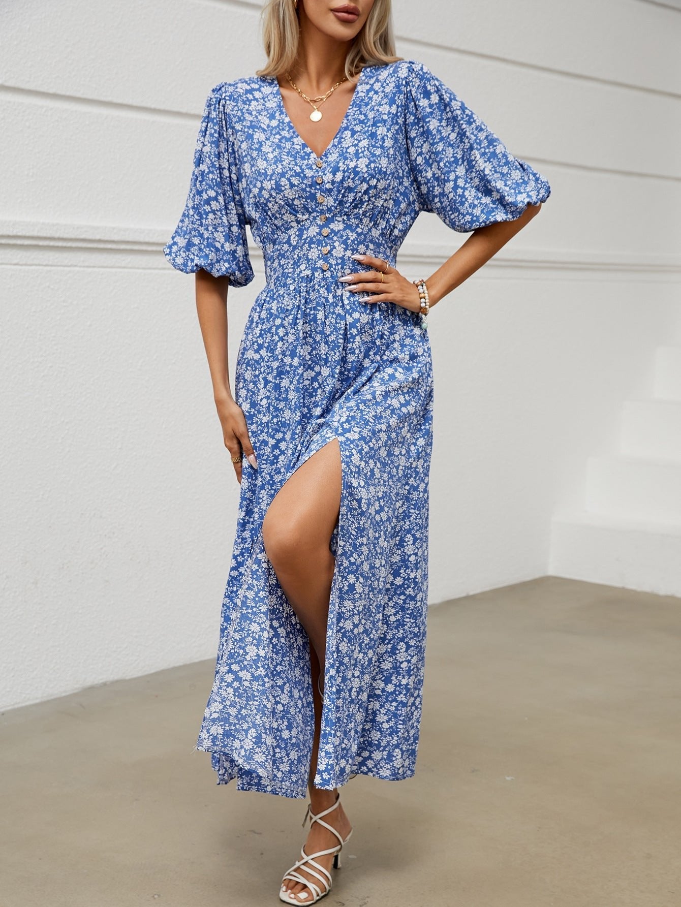 V - neck lantern sleeve waist dress for seaside vacation Bohemian beach dress - Negative Apparel