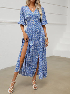 V - neck lantern sleeve waist dress for seaside vacation Bohemian beach dress - Negative Apparel